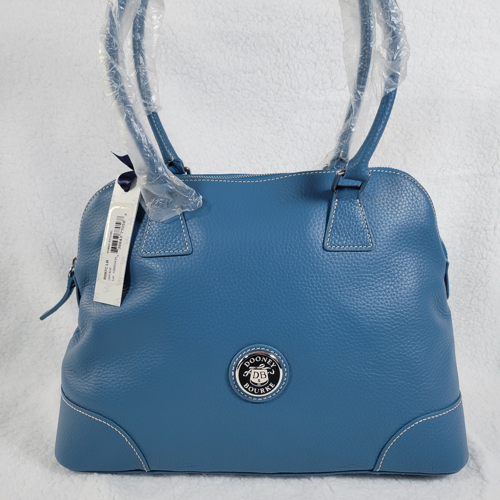 Dooney & Bourke Blue Leather Satchel Shoulder Bag Purse Silver Emblem ZipTop Vtg